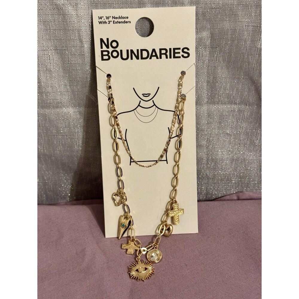 NewMulti Charm Hearts•Cross•Evil Eye Gold Plated Double Chain Charm Necklace 20”